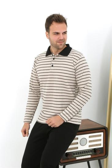 Hkursat Erkek Polo Yaka Uzun Kol Penye Pijama Takımı 6862 Krem