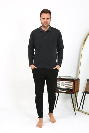 Hkursat Erkek Polo Yaka Uzun Kol Penye Pijama Takımı Antrasit 6865
