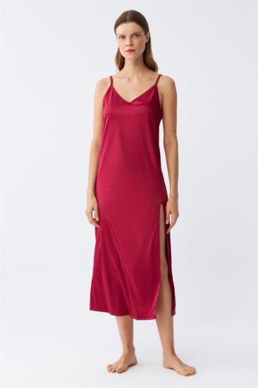 Hkursat Yırtmaçlı Uzun Saten Gecelik Bordo 7410