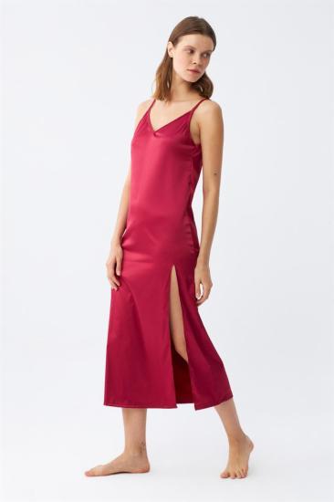 Hkursat Yırtmaçlı Uzun Saten Gecelik Bordo 7410