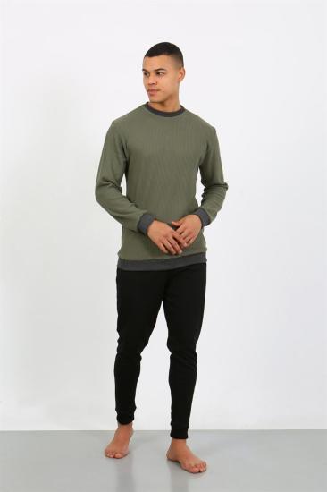 Hkursat Erkek Uzun Kol Manşetli Paça Penye Pijama Takımı 6870 Haki