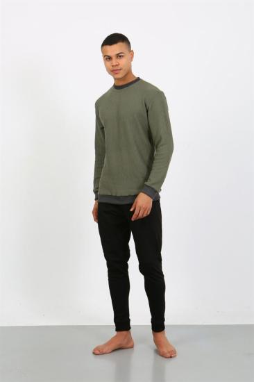 Hkursat Erkek Uzun Kol Manşetli Paça Penye Pijama Takımı 6870 Haki