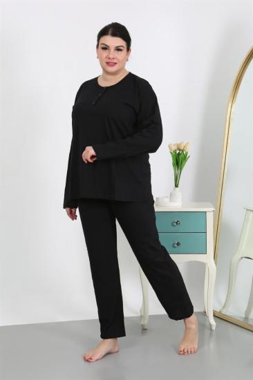 Hkursat Kadın Büyük Beden Uzun Kol Penye Pijama Takımı Siyah 202501