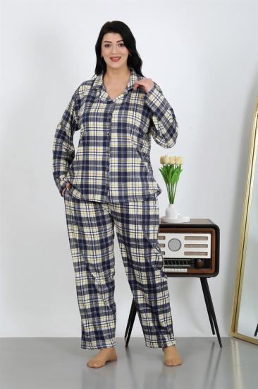 Hkursat Kadın Büyük Beden Pamuklu Cepli Düğmeli Lacivert Pijama Takım 202504