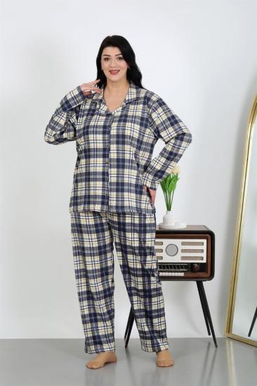 Hkursat Kadın Büyük Beden Pamuklu Cepli Düğmeli Lacivert Pijama Takım 202504