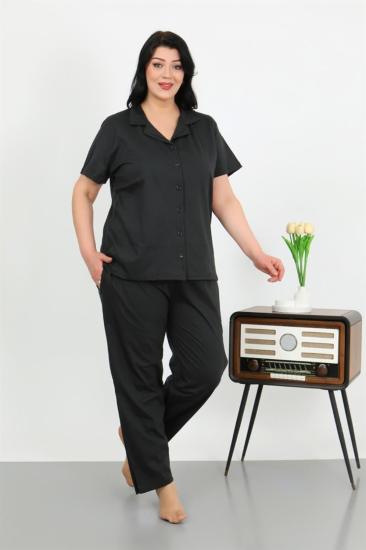 Hkursat Kadın Büyük Beden Pamuklu Cepli Düğmeli Siyah Pijama Takım 202507