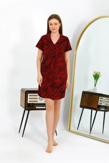 Hkursat Kadın Pamuk Penye Kısa Kol Düğmeli Bordo Tunik Gecelik 13112