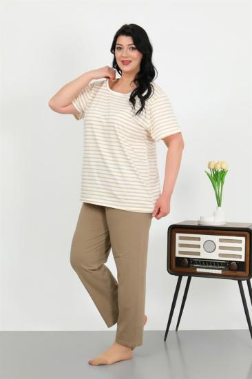 Hkursat Kadın Büyük Beden Kısa Kol Penye Pijama Takımı Sütlü Kahve 202505
