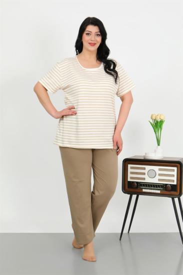 Hkursat Kadın Büyük Beden Kısa Kol Penye Pijama Takımı Sütlü Kahve 202505