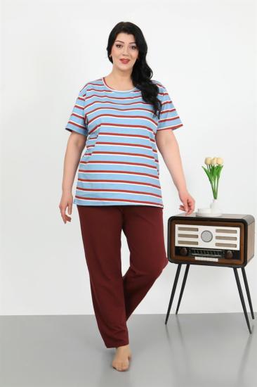 Hkursat Kadın Büyük Beden Kısa Kol Penye Pijama Takımı Mavi 202505