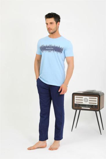 Hkursat Erkek Pamuk Kısa Kol Pijama Takım Mavi 6875