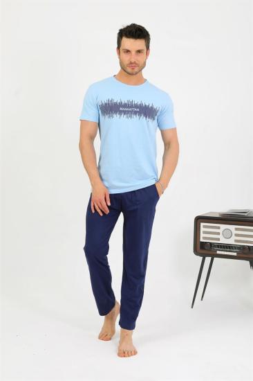 Hkursat Erkek Pamuk Kısa Kol Pijama Takım Mavi 6875