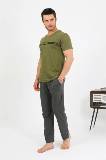 Hkursat Erkek Pamuk Kısa Kol Pijama Takım Haki 6875