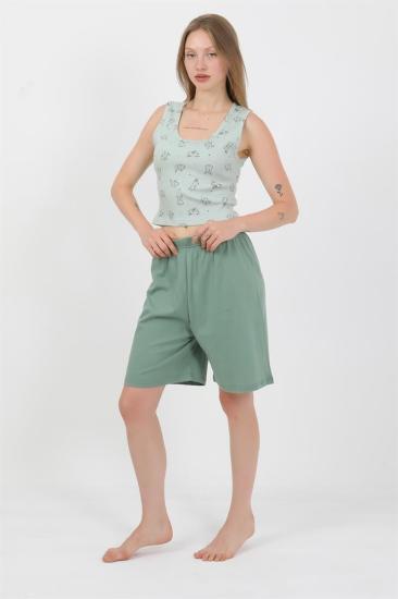 Hkursat Kadın Kalın Askılı Pamuk Penye Şortlu Crop Takım SuYeşili 3636