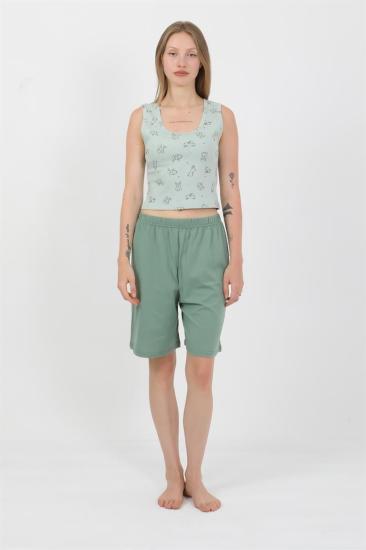 Hkursat Kadın Kalın Askılı Pamuk Penye Şortlu Crop Takım SuYeşili 3636