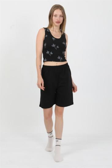 Hkursat Kadın Kalın Askılı Pamuk Penye Şortlu Crop Takım Siyah 3636