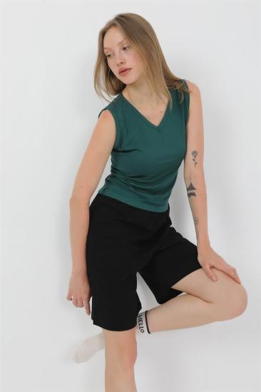 Hkursat Kadın Kalın Askılı Pamuk Penye Şortlu Takım Yeşil 3636