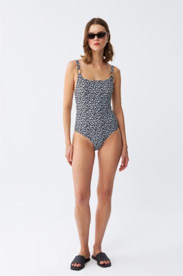 Hkursat Kadın Lacivert Geometrik Desenli Aksesuar Askılı Tek Parça Mayo