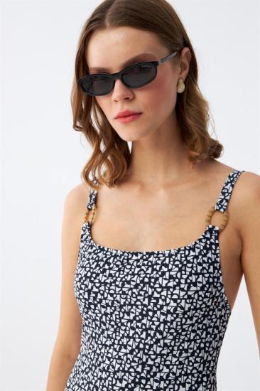 Hkursat Kadın Lacivert Geometrik Desenli Aksesuar Askılı Tek Parça Mayo