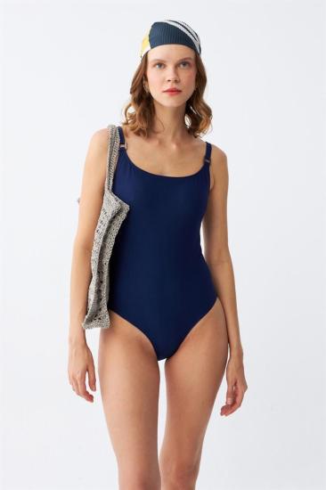 Hkursat Kadın Lacivert Metal Aksesuarlı İnce Askılı Tek Parça Mayo