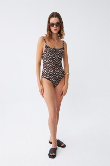 Hkursat Kadın Etnik Desenli İnce Askılı Vücut Saran Mayo