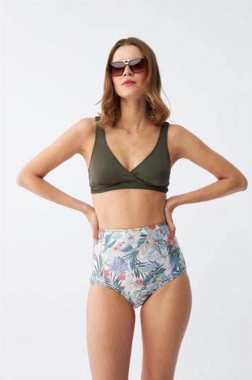 Hkursat Kadın Haki Pedli Üst ve Yüksek Bel Çiçek Desenli Bikini Takımı