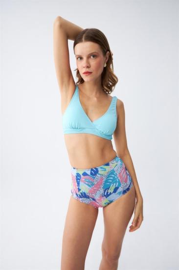 Hkursat Kadın Pedli Üst Tropik Desenli Yüksek Bel Bikini Takımı - Buz Mavisi
