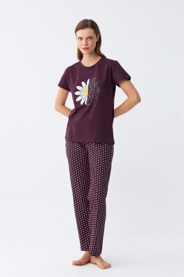 Hkursat Kadın Mürdüm Papatya Baskılı Kısa Kollu Penye Pijama Takımı