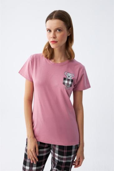 Hkursat Kadın Somon Ayıcık Baskılı Ekoseli Penye Pijama Takımı