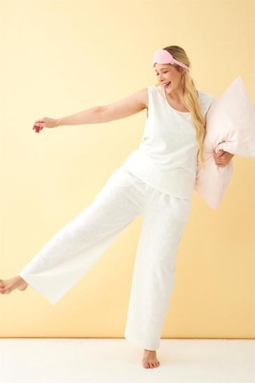 Hkursat Kadın Ekru Keten Jakarlı Büyük Beden Alt Üst Takım