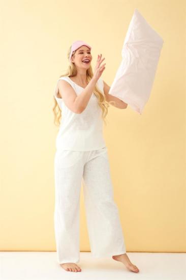 Hkursat Kadın Ekru Keten Jakarlı Büyük Beden Alt Üst Takım