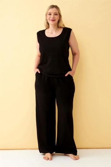 Hkursat Kadın Siyah Keten Jakarlı Büyük Beden Alt Üst Takım