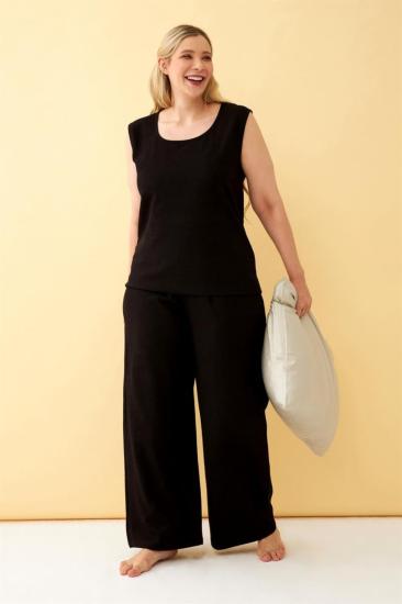 Hkursat Kadın Siyah Keten Jakarlı Büyük Beden Alt Üst Takım