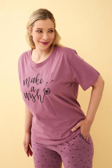 Hkursat Kadın Mürdüm “Make a Wish” Yazılı Büyük Beden Kapri Pijama Takımı