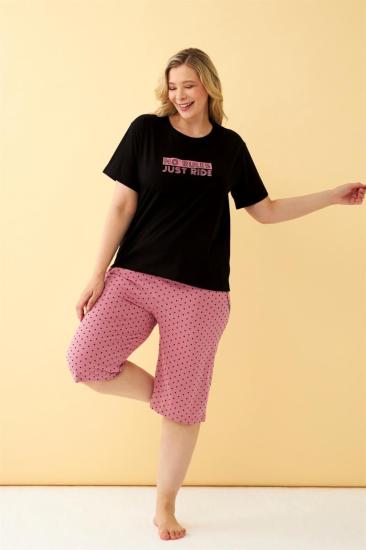 Hkursat Kadın Siyah “No Rules Just Ride” Yazılı Büyük Beden Kapri Pijama Takımı