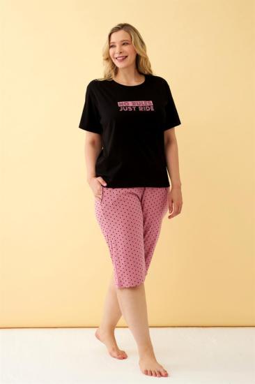 Hkursat Kadın Siyah “No Rules Just Ride” Yazılı Büyük Beden Kapri Pijama Takımı
