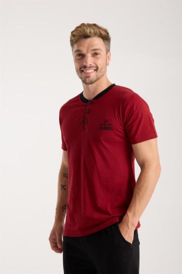Hkursat Erkek Bordo Düğmeli Yaka Kısa Kol Pijama Takımı