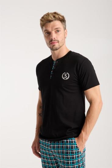 Hkursat Erkek Düğmeli Yaka Siyah Kısa Kol Pijama Takımı