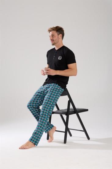 Hkursat Erkek Düğmeli Yaka Siyah Kısa Kol Pijama Takımı