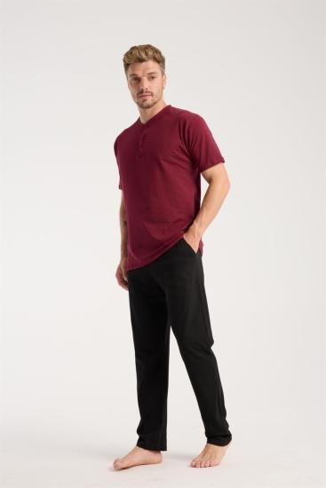 Hkursat Erkek Bordo Düğmeli Yaka Kısa Kol Pijama Takımı