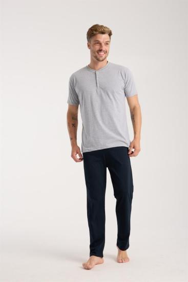 Hkursat Erkek Gri Düğmeli Yaka Kısa Kol Pijama Takımı