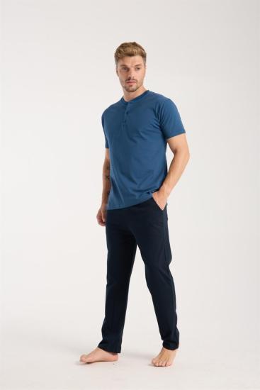 Hkursat Erkek İndigo Düğmeli Yaka Kısa Kol Pijama Takımı