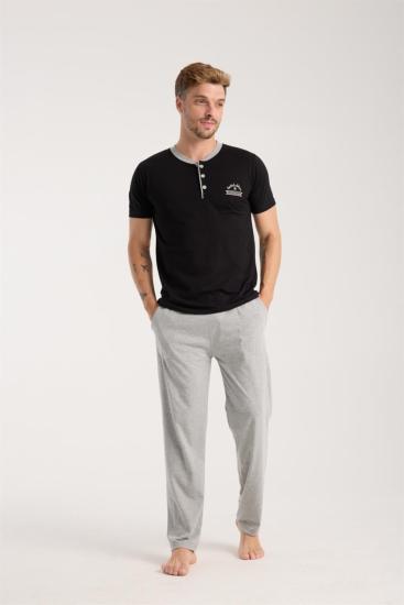 Hkursat Erkek Siyah Düğmeli Yaka Kısa Kol Pijama Takımı