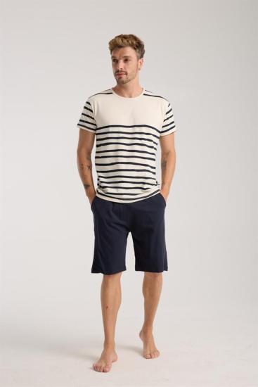 Hkursat Erkek Krem Sıfır Yaka Kısa Kol Şortlu Pijama Takımı