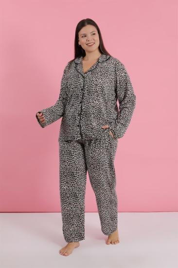 Hkursat Kadın Büyük Beden Leopar Desenli Düğmeli Pijama Takımı