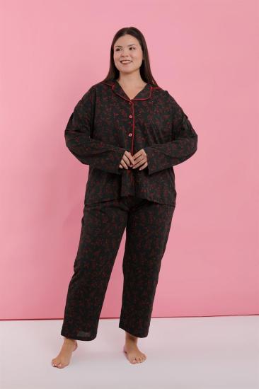 Hkursat Kadın Büyük Beden Siyah Kırmızı Çiçekli Düğmeli Pijama Takımı