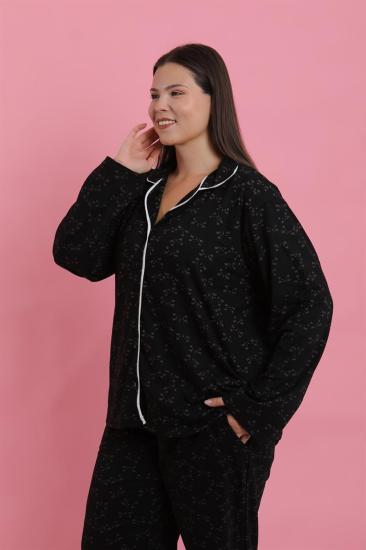 Hkursat Kadın Büyük Beden Siyah Beyaz Biyeli Desenli Düğmeli Pijama Takımı