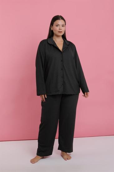 Hkursat Kadın Büyük Beden Füme Düğmeli Pijama Takımı