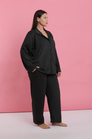 Hkursat Kadın Büyük Beden Füme Düğmeli Pijama Takımı