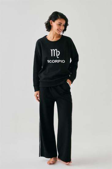Hkursat Kadın Siyah Akrep Burcu Oversize 2 İplik Eşofman Ev Giyim Takımı